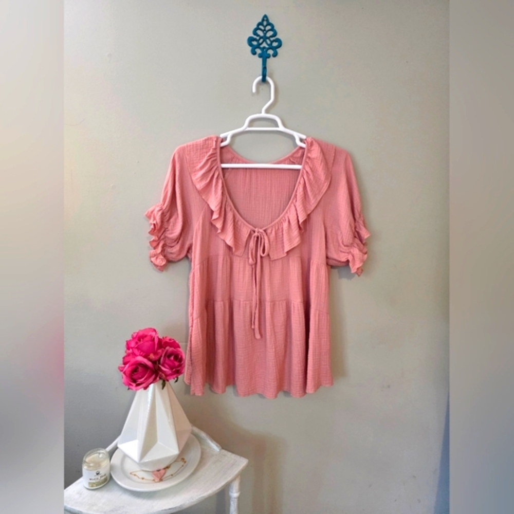 SHEIN Pink Flutter Sleeve Blouse With Ruffle Collar Size 0XL (NWOT)